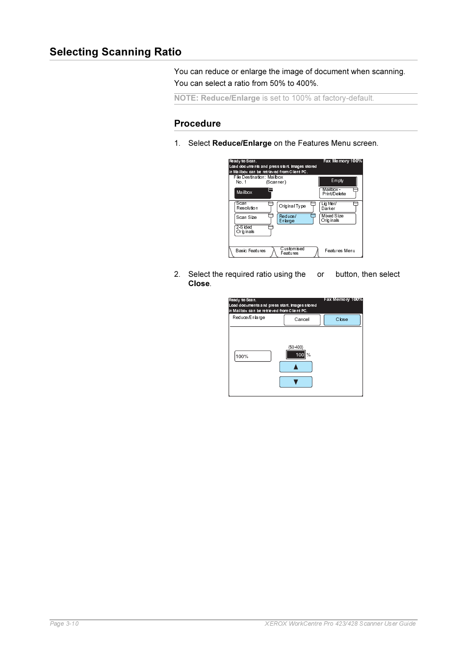 Procedure, Procedure -10, Selecting scanning ratio | Xerox 423 User Manual | Page 38 / 68