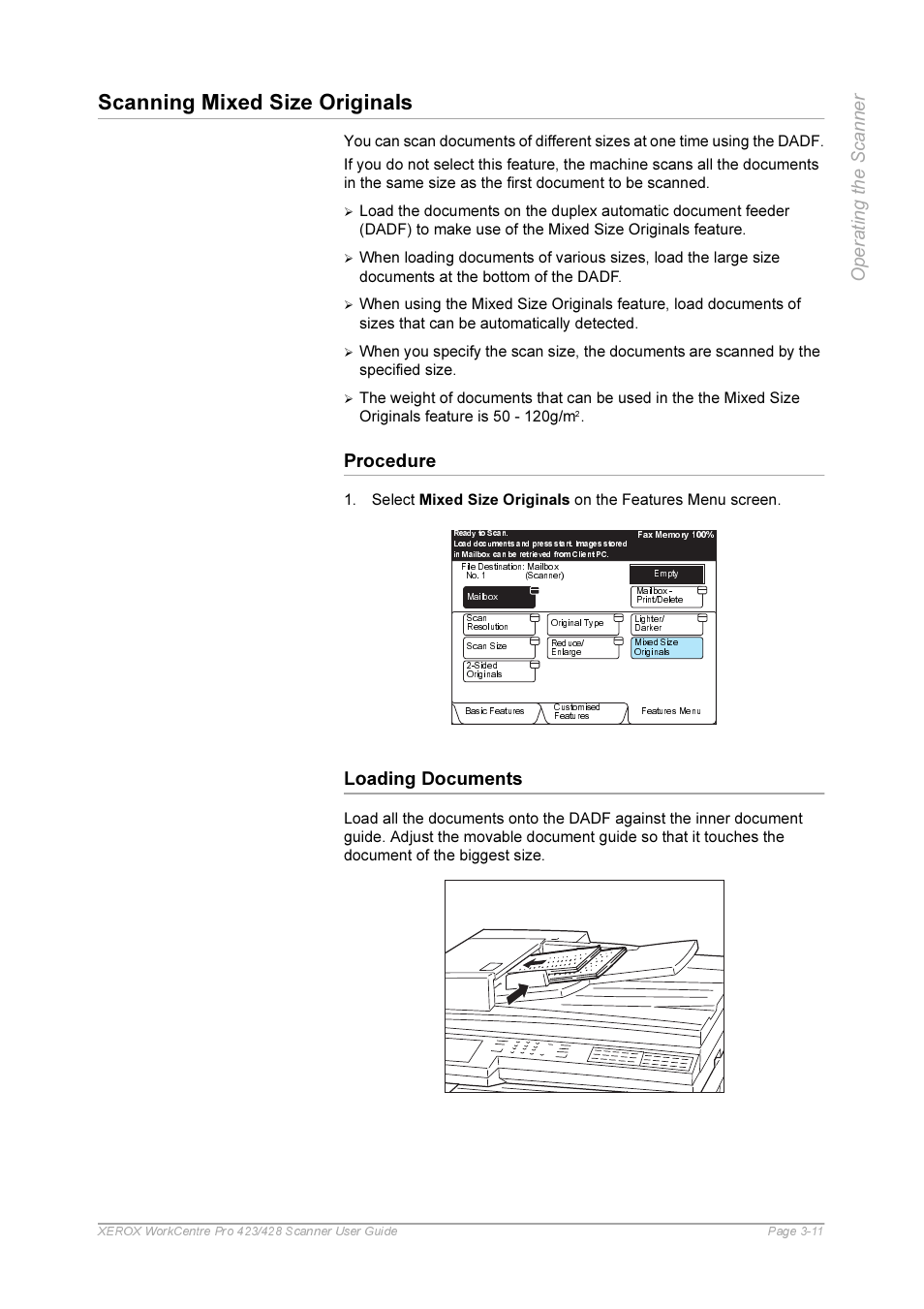 Procedure, Loading documents, Procedure -11 loading documents -11 | Scanning mixed size originals | Xerox 423 User Manual | Page 39 / 68