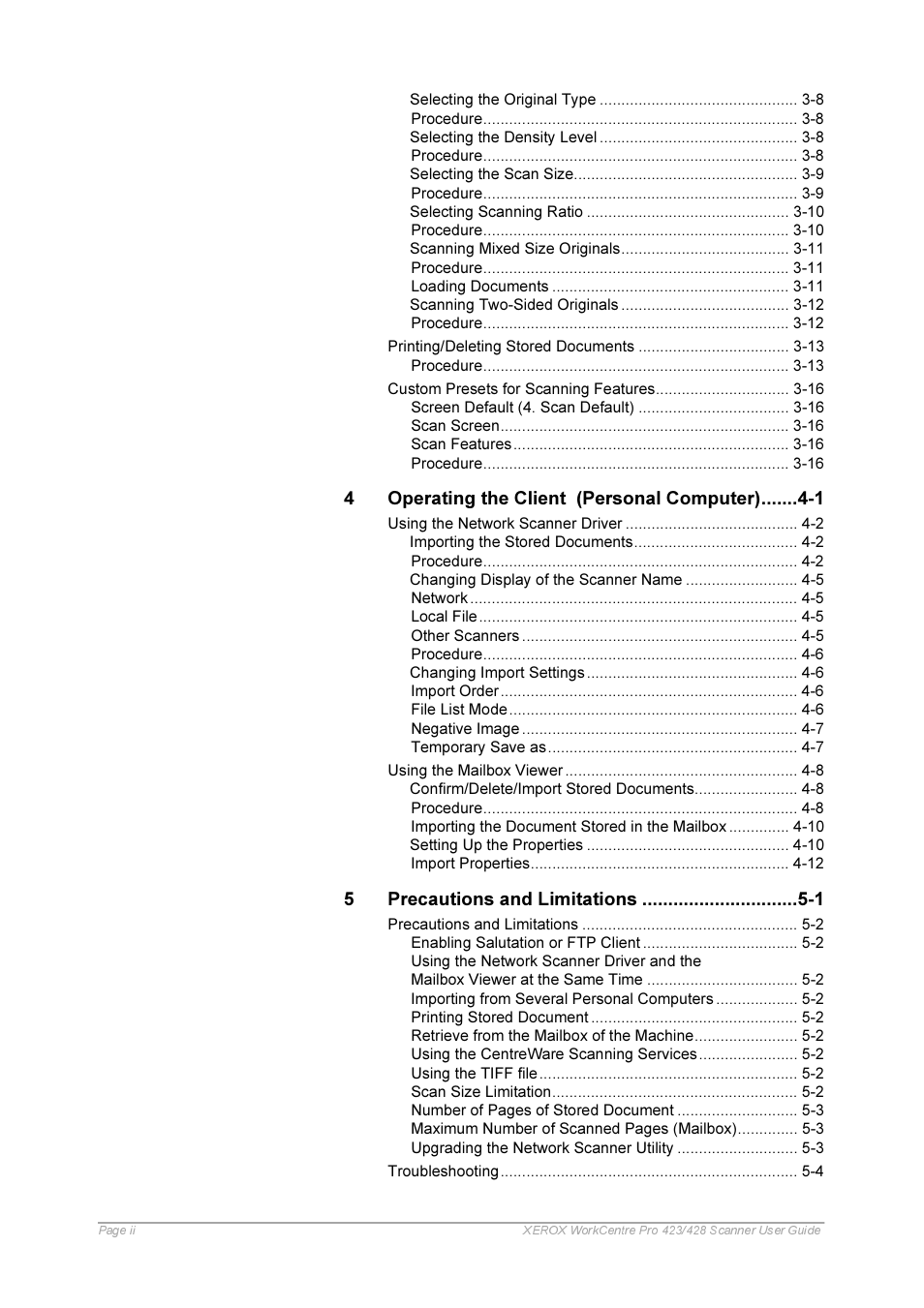 Operating the client (personal computer) -1, Precautions and limitations -1 | Xerox 423 User Manual | Page 4 / 68