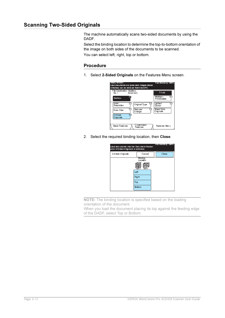 Procedure, Procedure -12, Scanning two-sided originals | Xerox 423 User Manual | Page 40 / 68