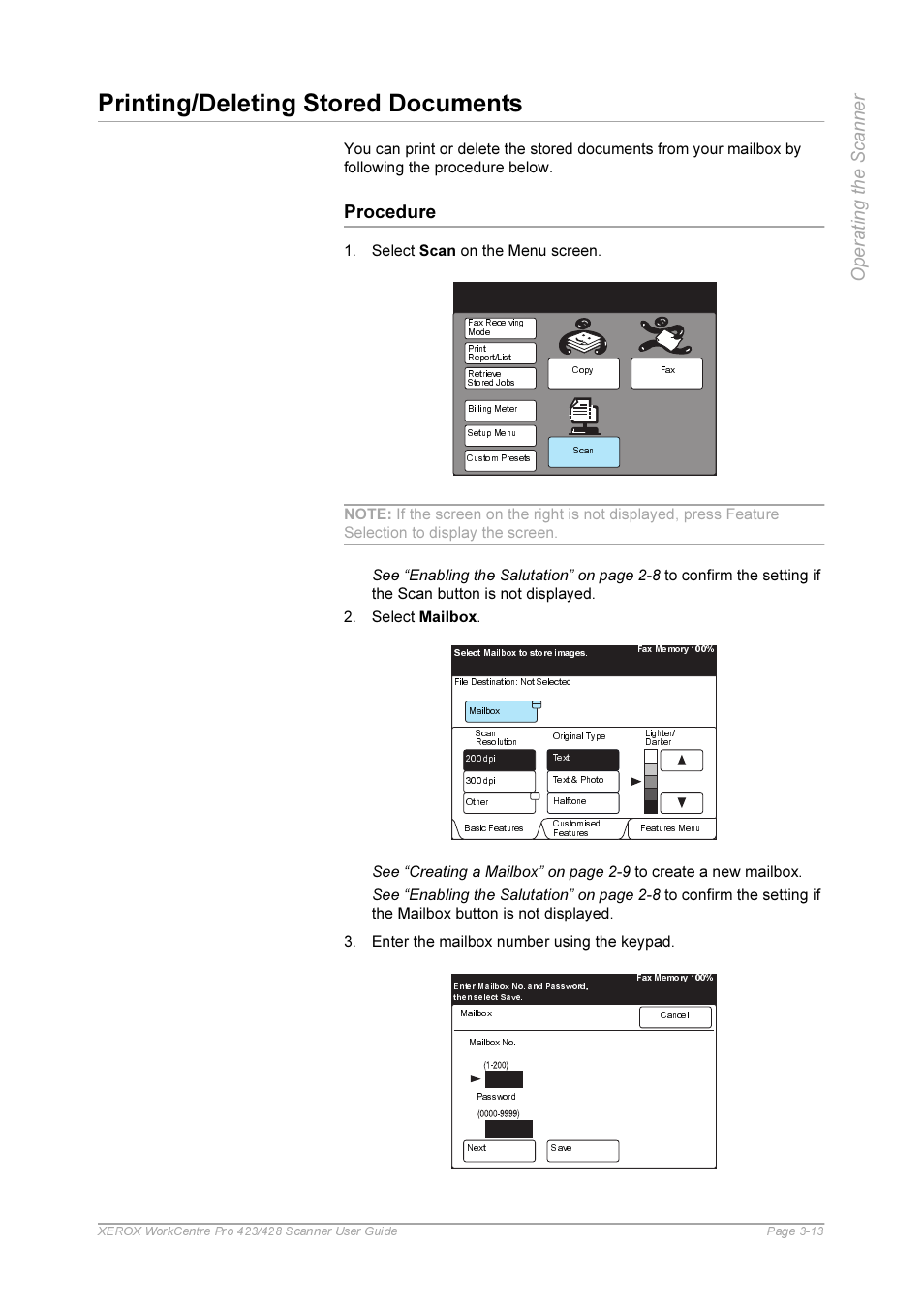 Printing/deleting stored documents, Procedure, Printing/deleting stored documents -13 | Procedure -13 | Xerox 423 User Manual | Page 41 / 68