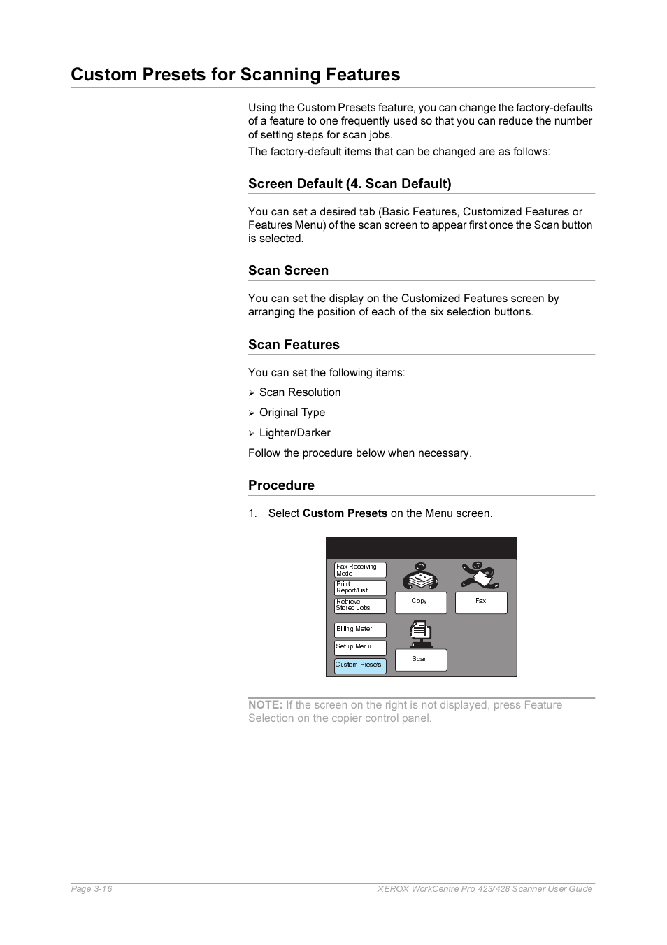Custom presets for scanning features, Screen default (4. scan default), Scan screen | Scan features, Procedure, Custom presets for scanning features -16, Procedure -16 | Xerox 423 User Manual | Page 44 / 68