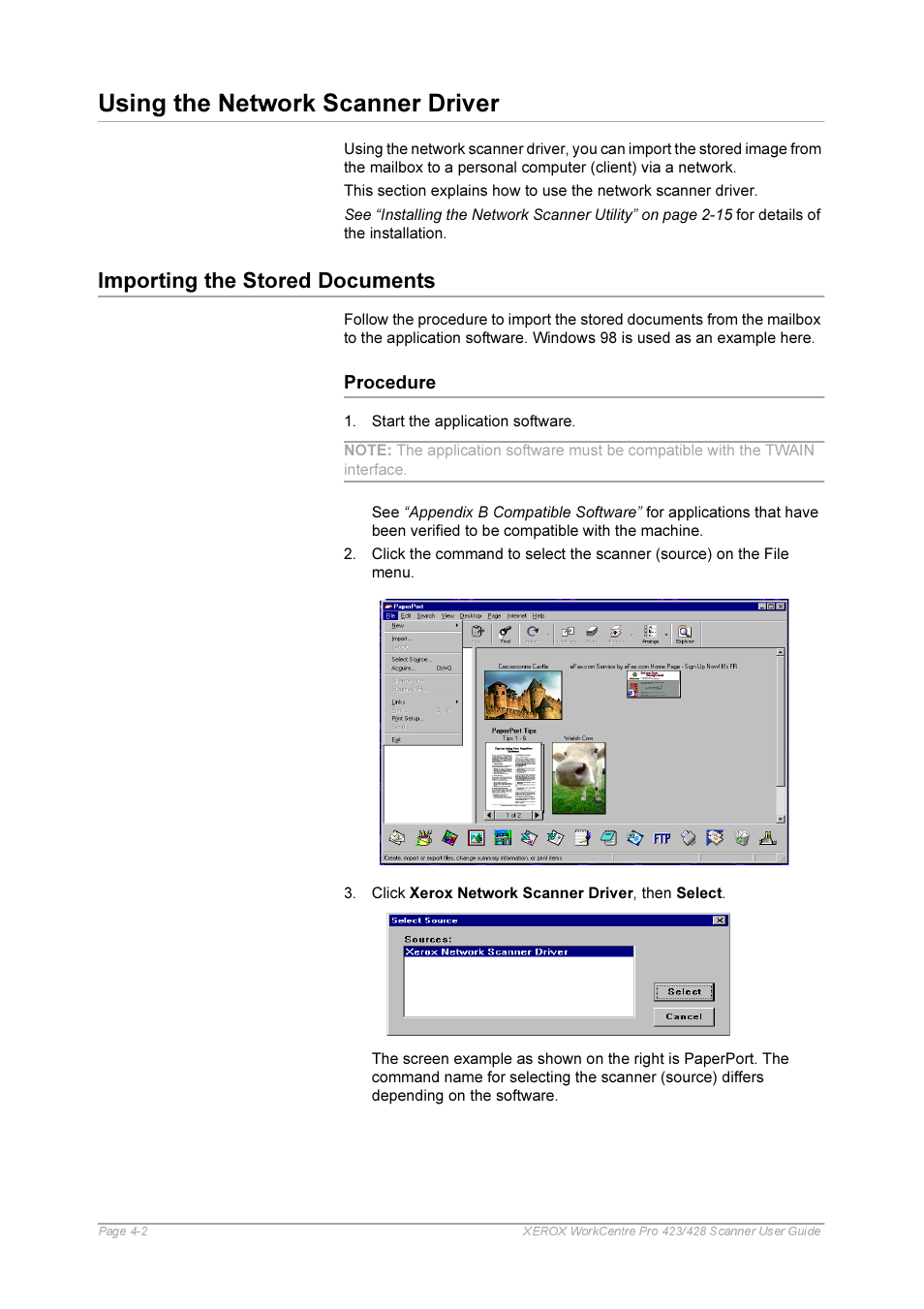 Using the network scanner driver, Importing the stored documents, Procedure | Using the network scanner driver -2, Importing the stored documents -2, Procedure -2 | Xerox 423 User Manual | Page 48 / 68