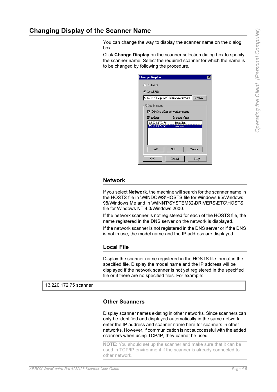 Network, Local file, Other scanners | Network -5 local file -5, Other scanners -5, Changing display of the scanner name | Xerox 423 User Manual | Page 51 / 68