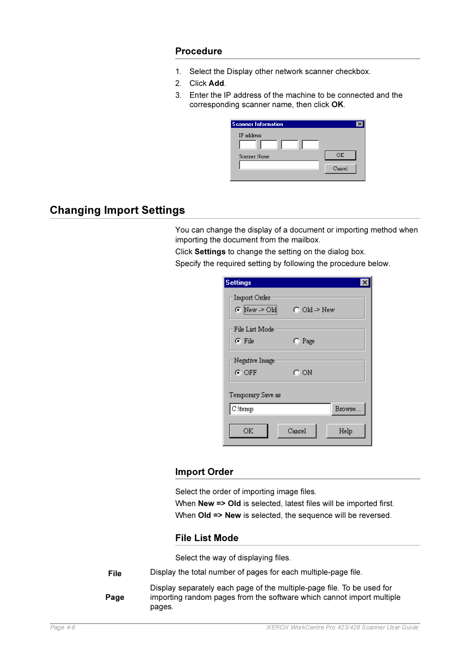 Procedure, Import order, File list mode | Procedure -6, Import order -6 file list mode -6, Changing import settings | Xerox 423 User Manual | Page 52 / 68
