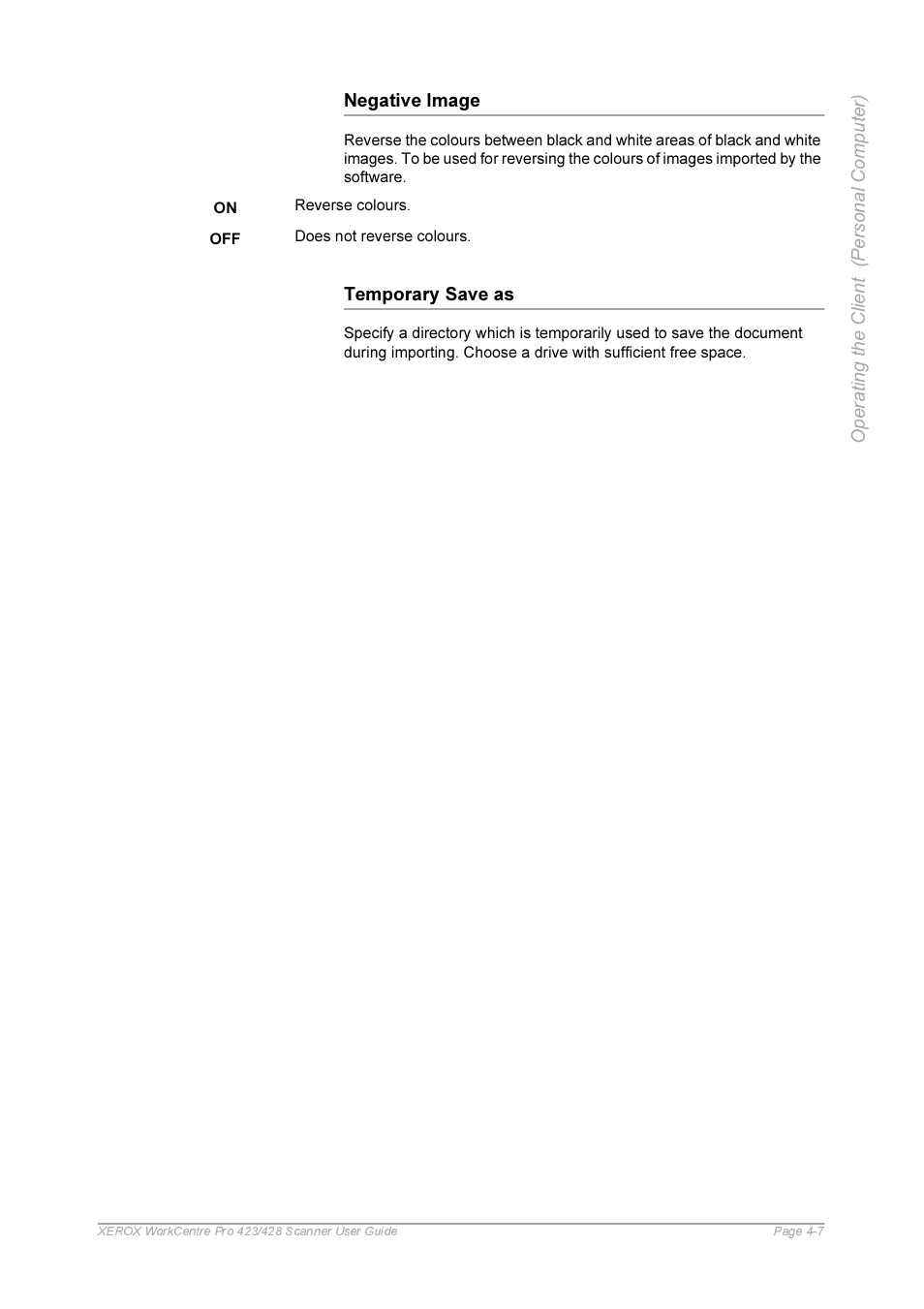 Negative image, Temporary save as, Negative image -7 | Temporary save as -7 | Xerox 423 User Manual | Page 53 / 68