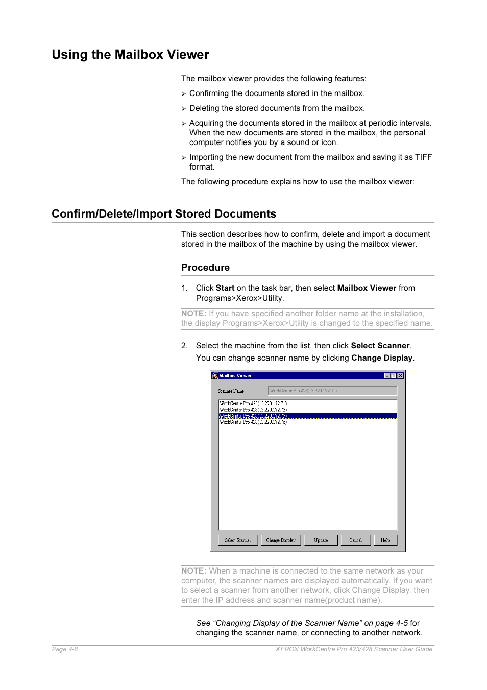 Using the mailbox viewer, Confirm/delete/import stored documents, Procedure | Using the mailbox viewer -8, Confirm/delete/importstored documents -8, Procedure -8 | Xerox 423 User Manual | Page 54 / 68