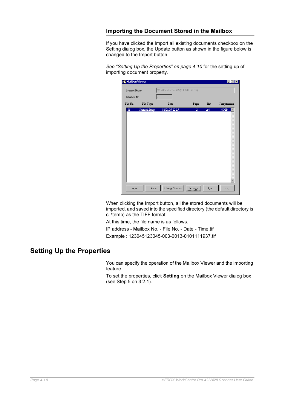 Importing the document stored in the mailbox, Importing the document stored in the mailbox -10, Setting up the properties | Xerox 423 User Manual | Page 56 / 68