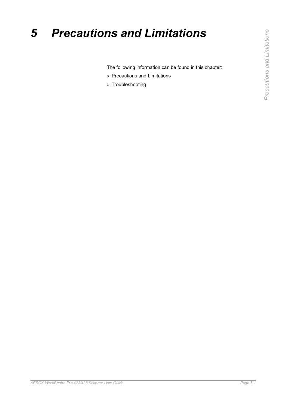 5 precautions and limitations, Precautions and limitations -1 | Xerox 423 User Manual | Page 59 / 68