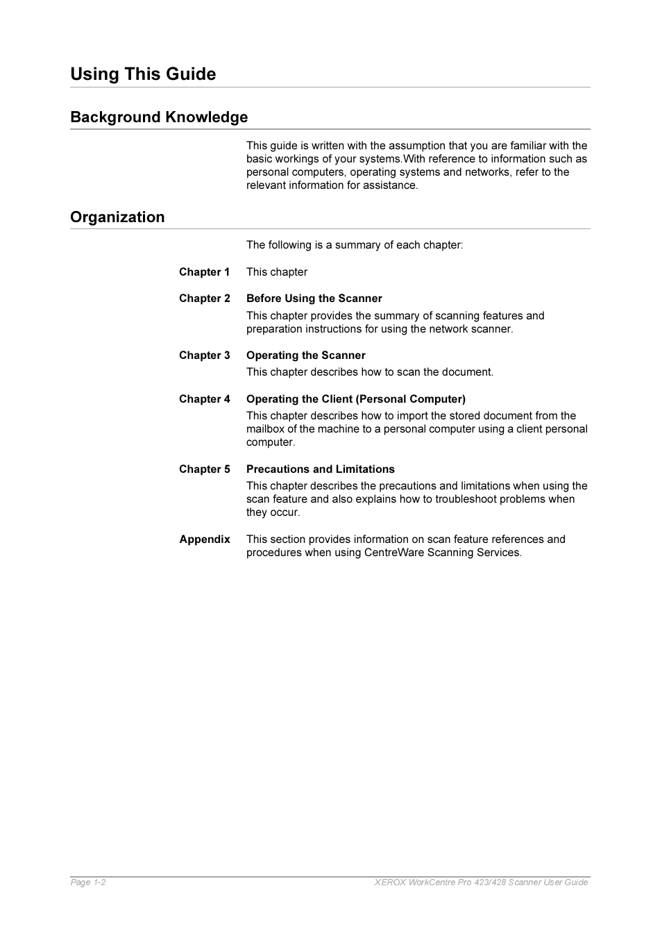 Using this guide, Background knowledge, Organization | Using this guide -2, Background knowledge -2, Organization -2 | Xerox 423 User Manual | Page 8 / 68