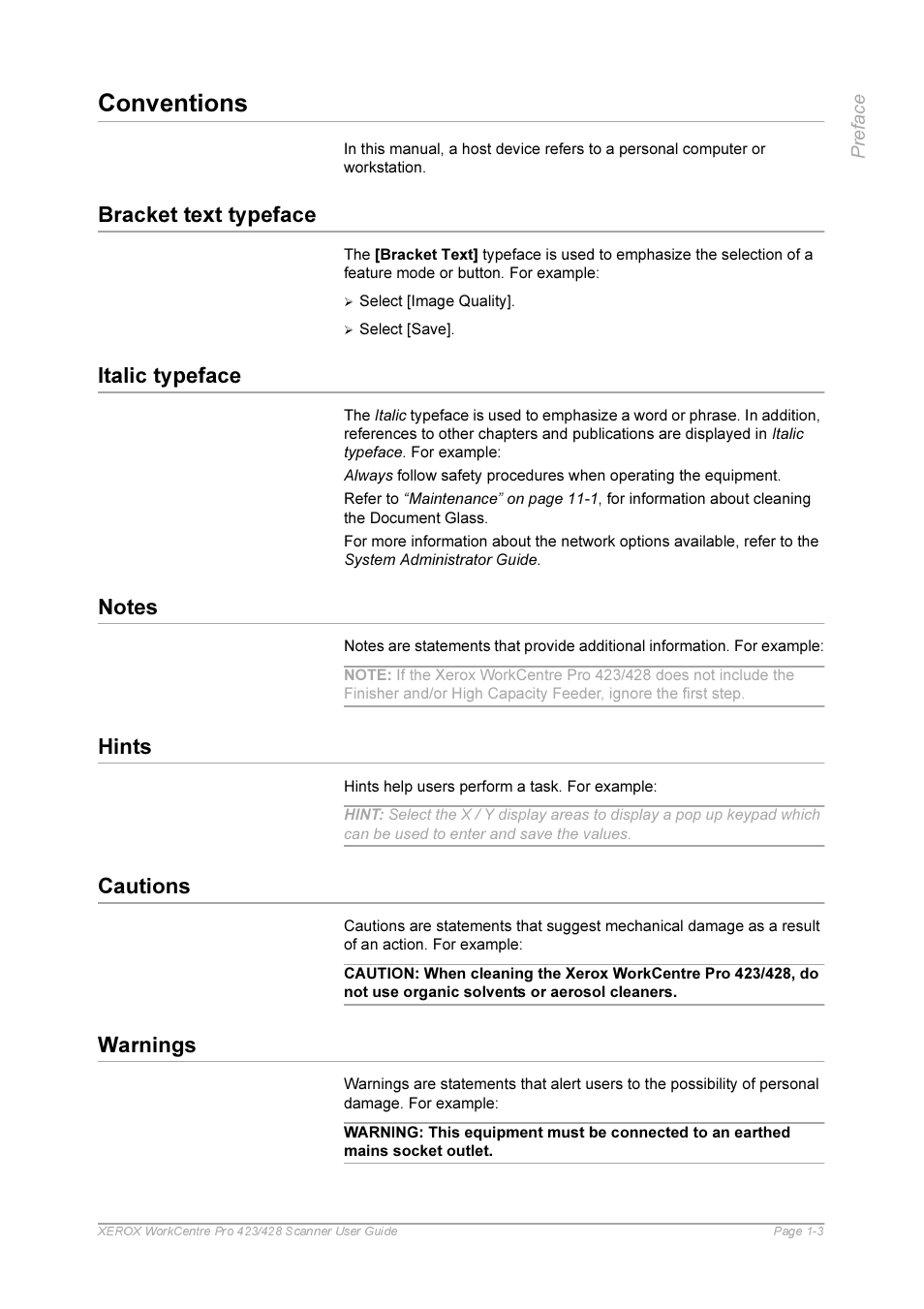 Conventions, Bracket text typeface, Italic typeface | Notes, Hints, Cautions, Warnings, Conventions -3, Cautions -3, Warnings -3 | Xerox 423 User Manual | Page 9 / 68