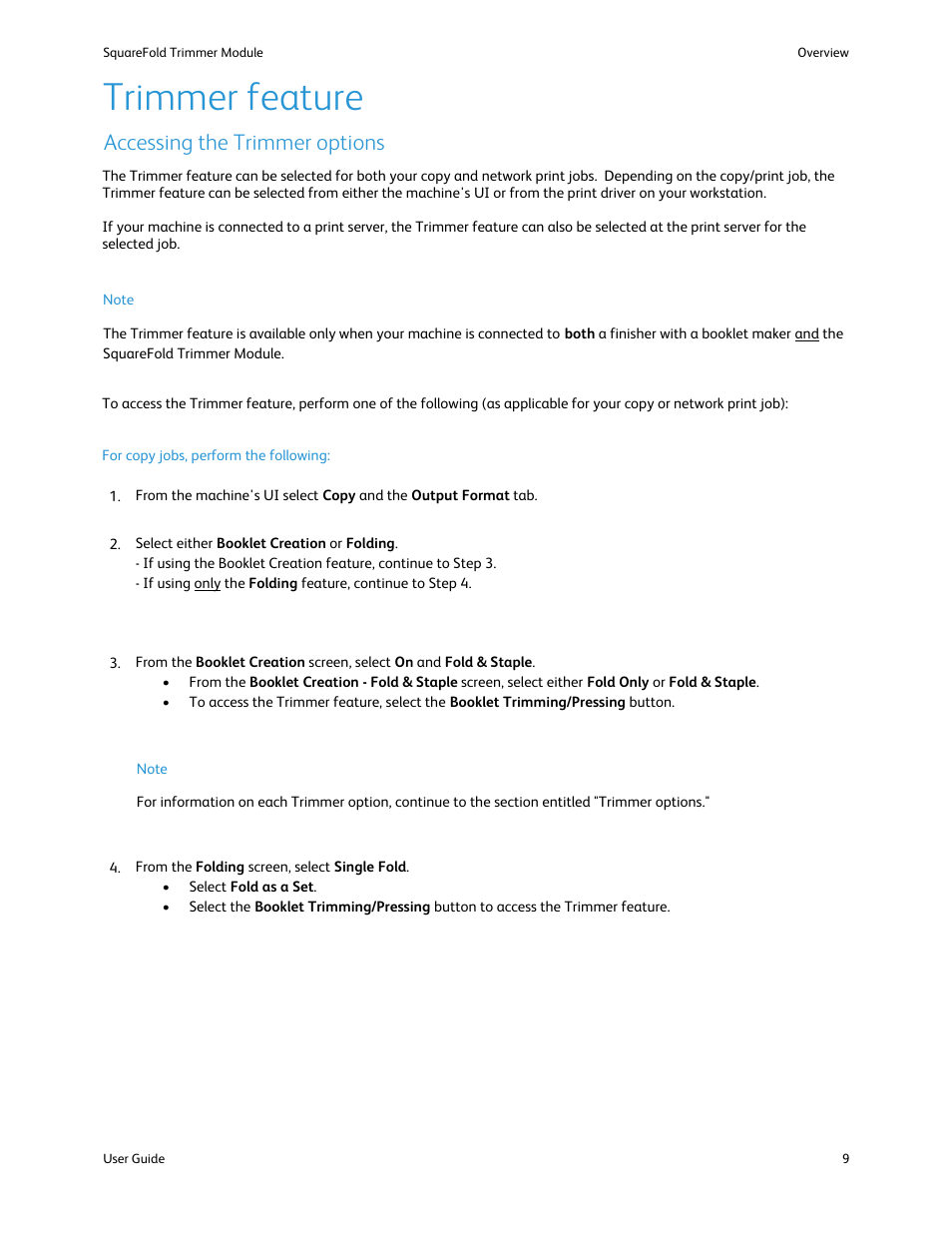 Trimmer feature, Accessing the trimmer options | Xerox SquareFold Trimmer User Manual | Page 13 / 28