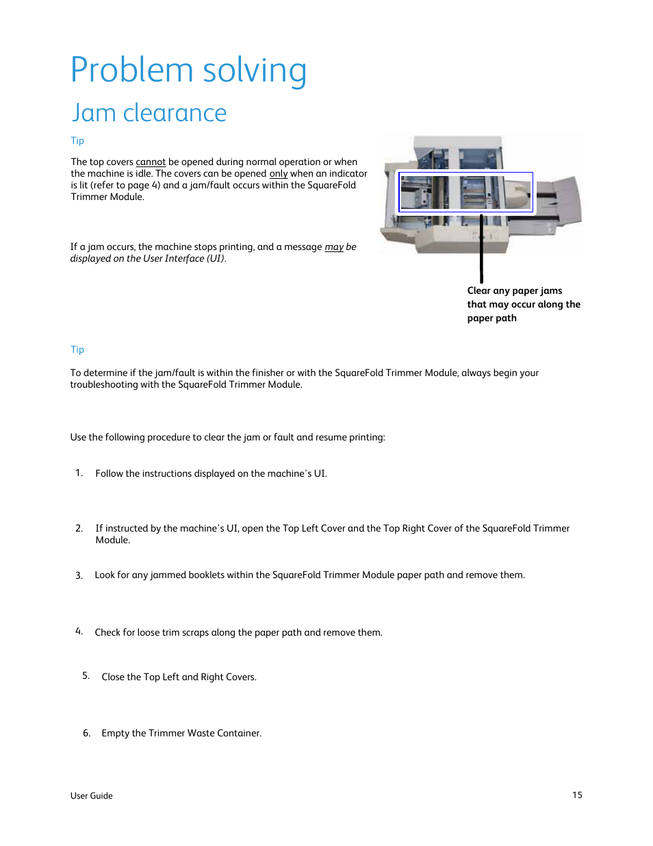 Problem solving, Jam clearance | Xerox SquareFold Trimmer User Manual | Page 19 / 28