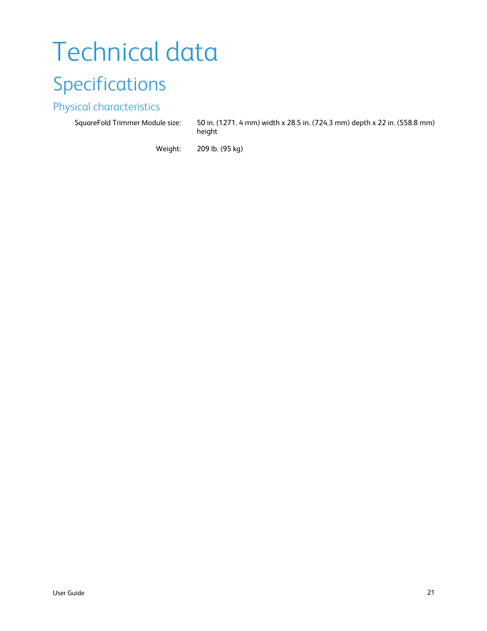 Technical data, Specifications, Physical characteristics | Xerox SquareFold Trimmer User Manual | Page 25 / 28
