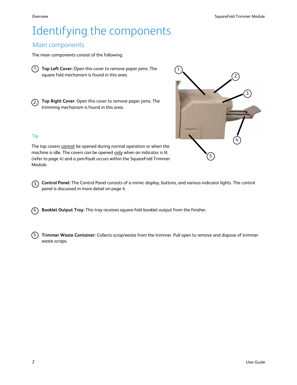 Identifying the components, Main components | Xerox SquareFold Trimmer User Manual | Page 6 / 28