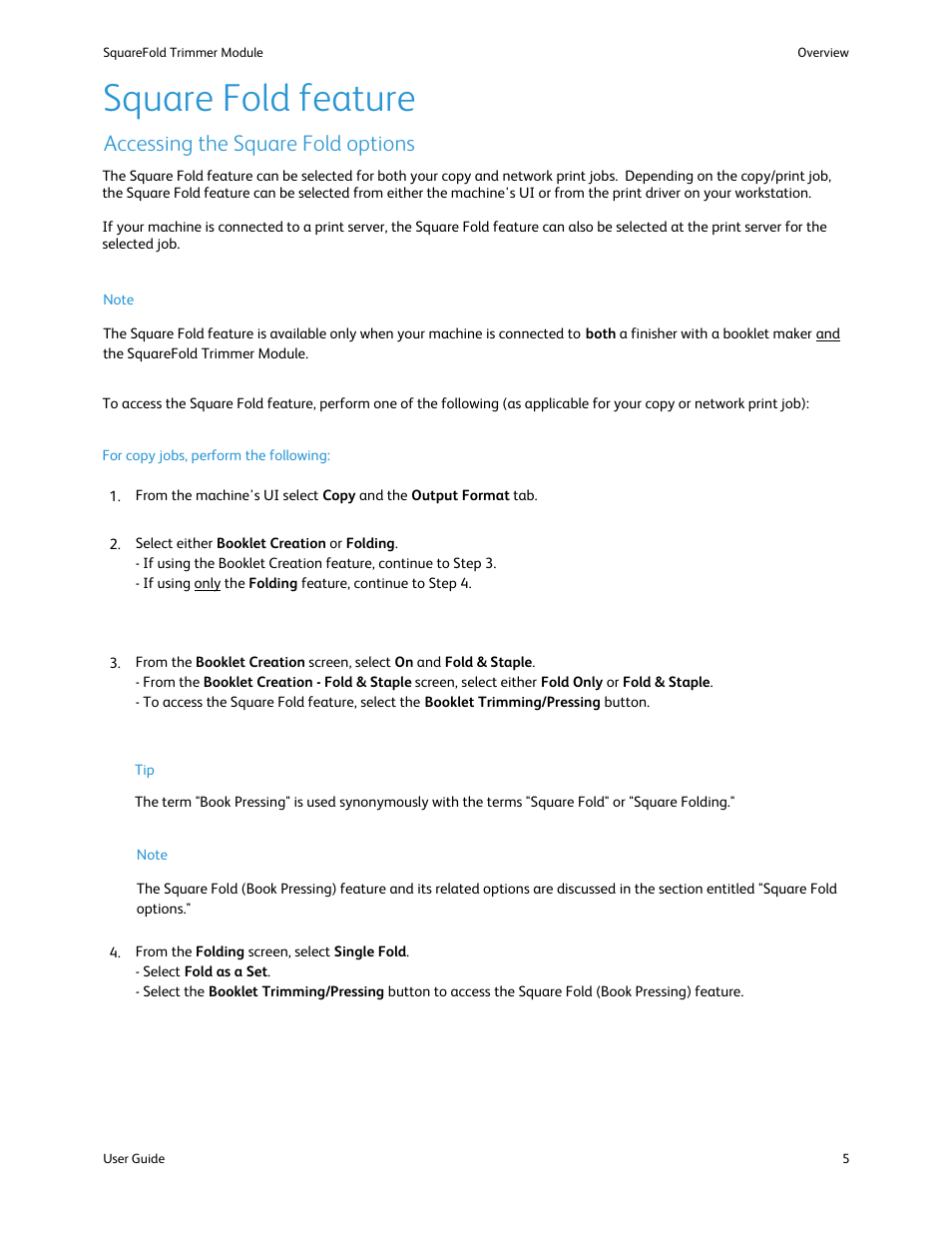 Square fold settings, Accessing the square fold options, Square fold feature | Xerox SquareFold Trimmer User Manual | Page 9 / 28