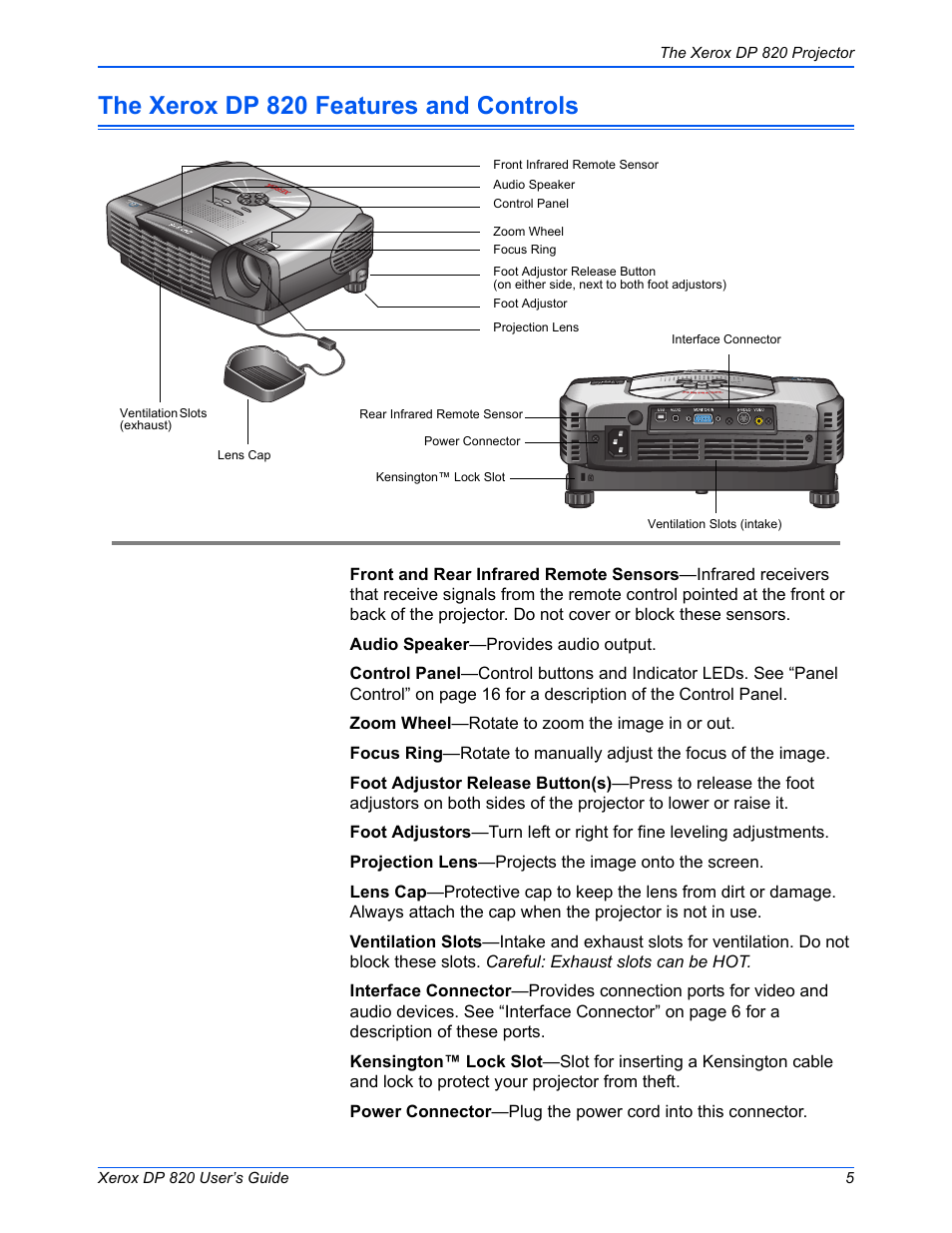 The xerox dp 820 features and controls | Xerox DP 820 User Manual | Page 10 / 44