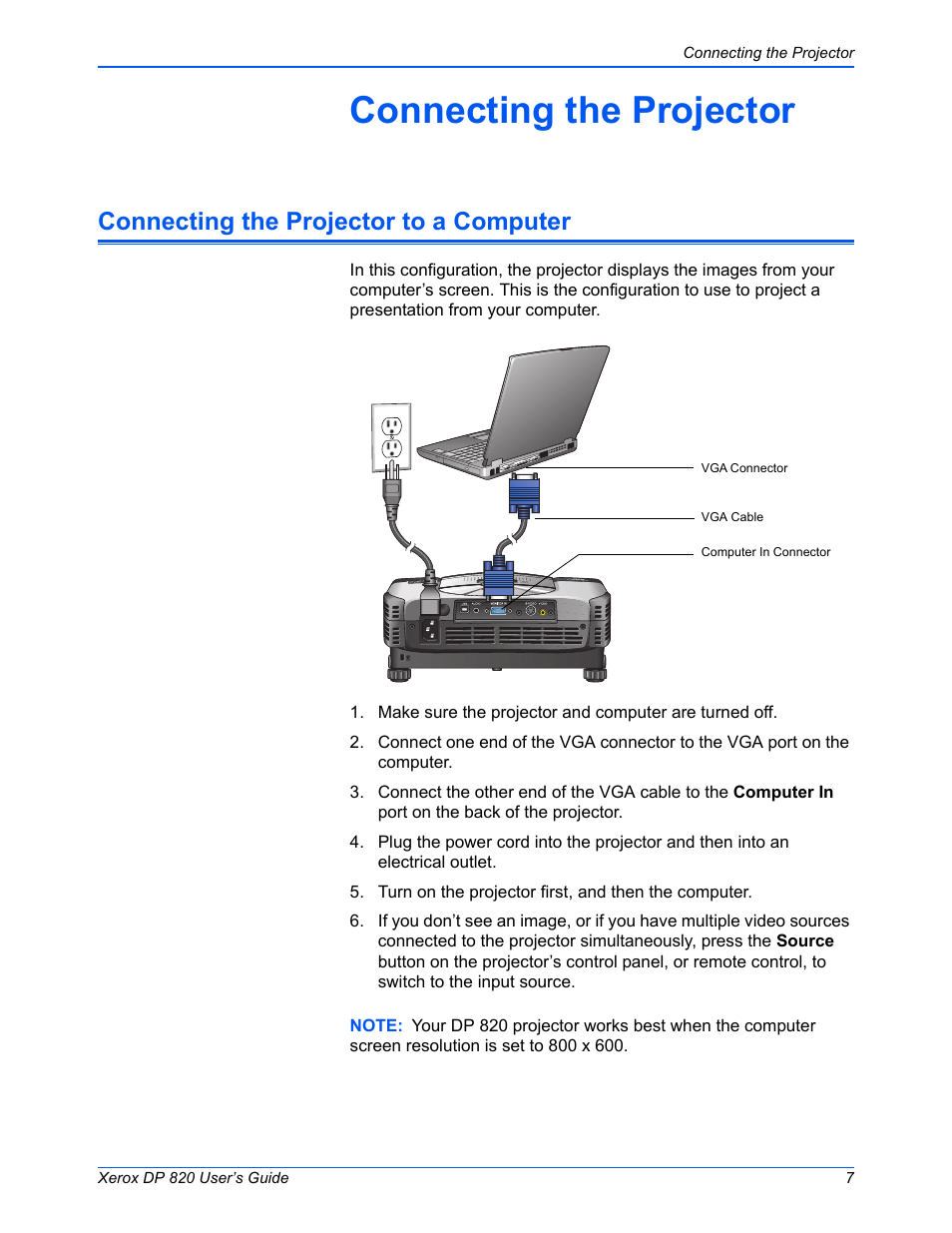 Connecting the projector, Connecting the projector to a computer | Xerox DP 820 User Manual | Page 12 / 44