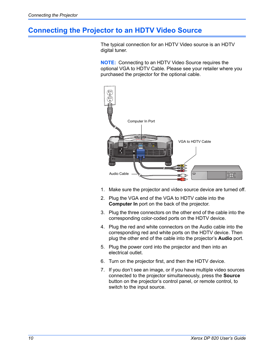 Connecting the projector to an hdtv video source | Xerox DP 820 User Manual | Page 15 / 44