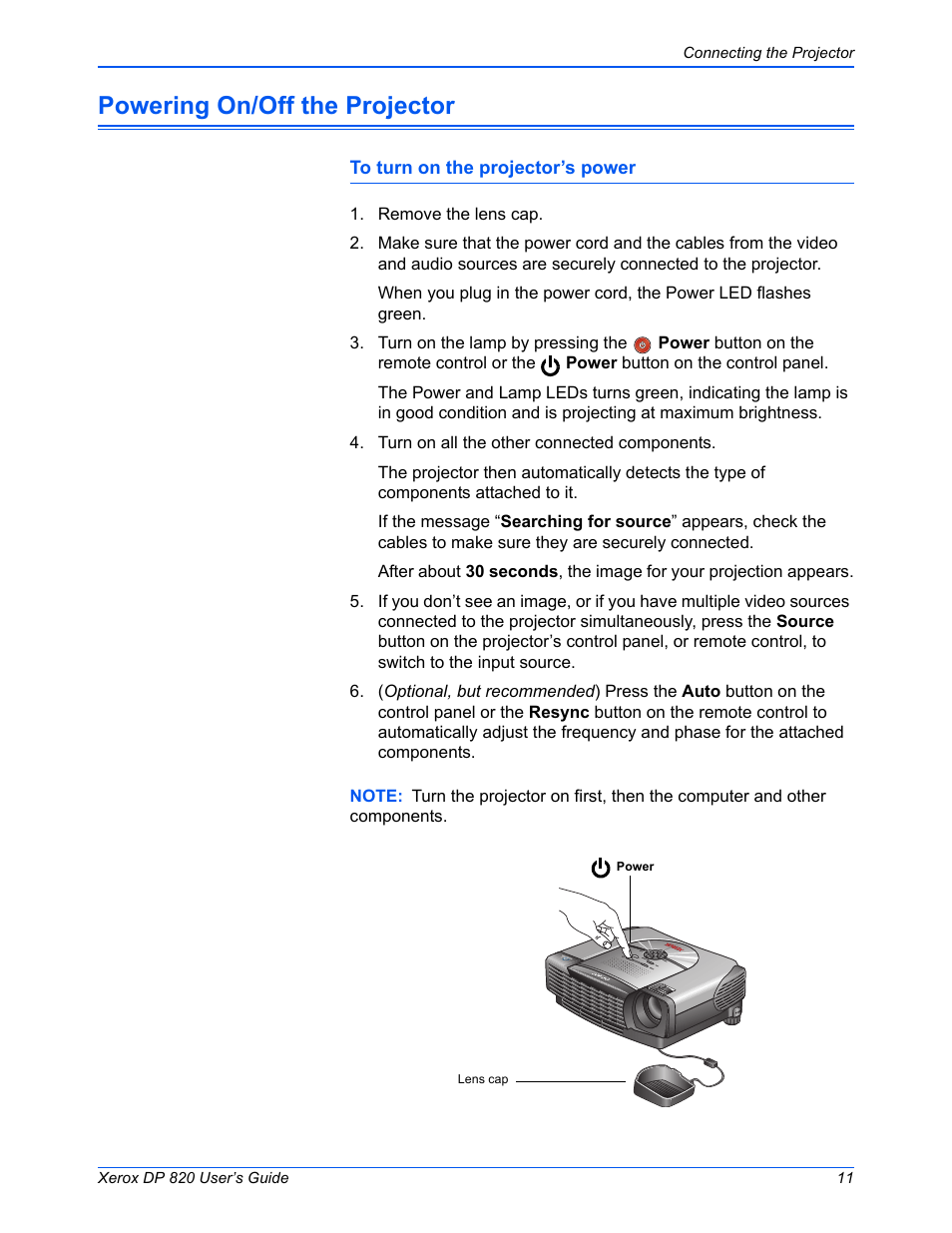 Powering on/off the projector | Xerox DP 820 User Manual | Page 16 / 44