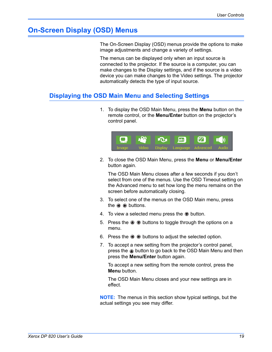 On-screen display (osd) menus | Xerox DP 820 User Manual | Page 24 / 44