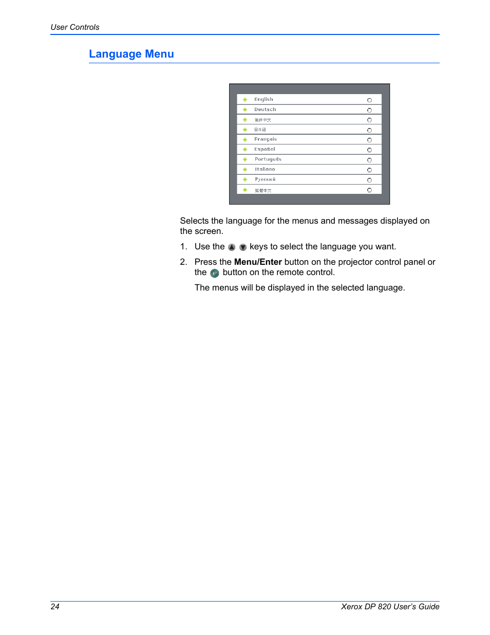 Language menu | Xerox DP 820 User Manual | Page 29 / 44