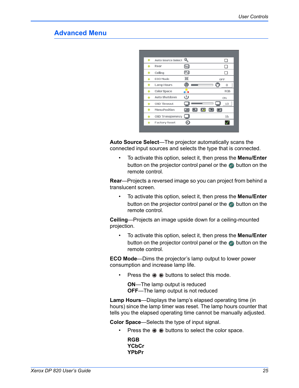 Advanced menu | Xerox DP 820 User Manual | Page 30 / 44