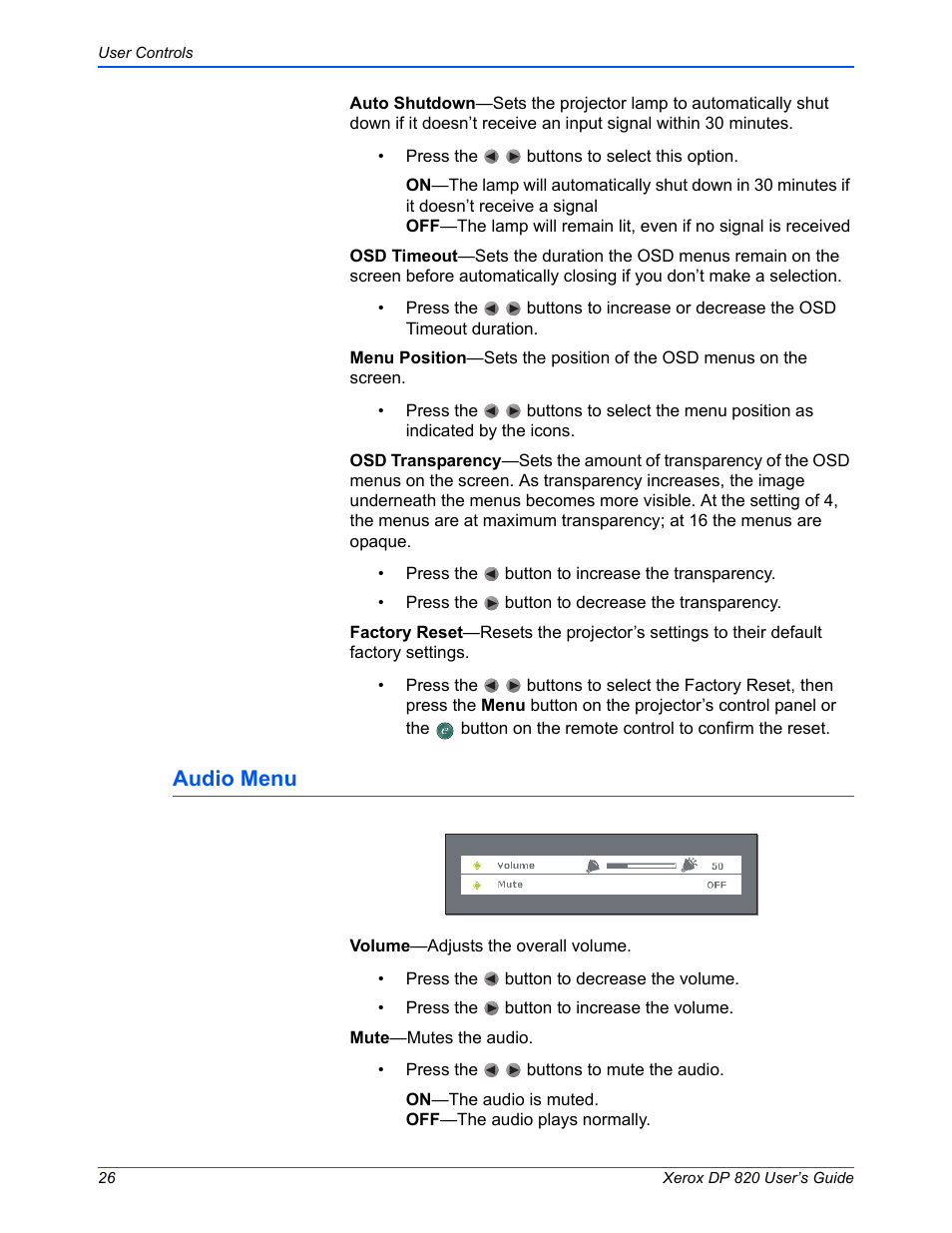 Audio menu | Xerox DP 820 User Manual | Page 31 / 44