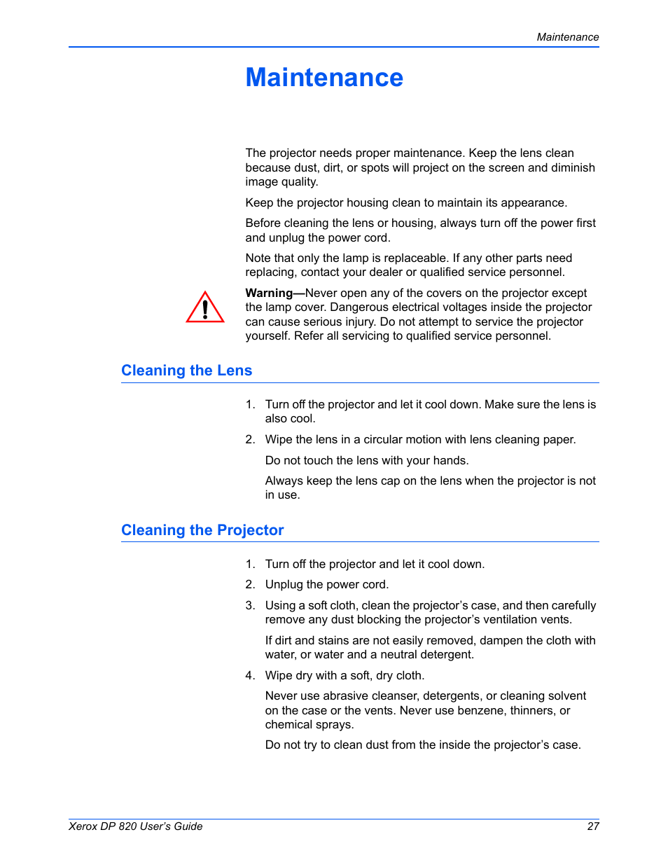 Maintenance, Cleaning the lens, Cleaning the projector | Cleaning the lens cleaning the projector | Xerox DP 820 User Manual | Page 32 / 44