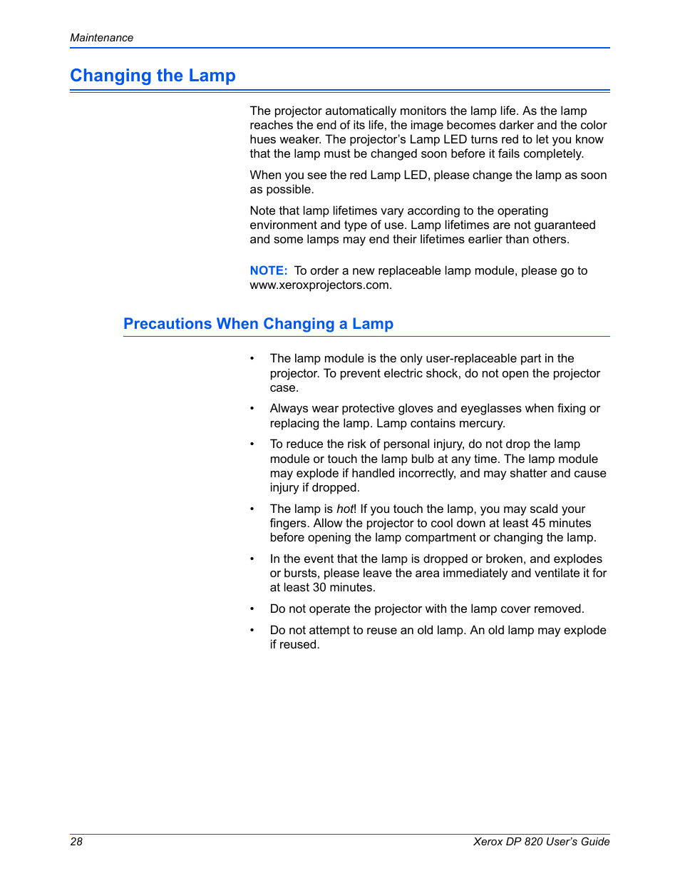 Changing the lamp, Precautions when changing a lamp | Xerox DP 820 User Manual | Page 33 / 44