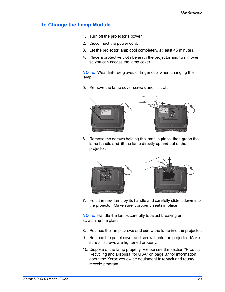 To change the lamp module | Xerox DP 820 User Manual | Page 34 / 44