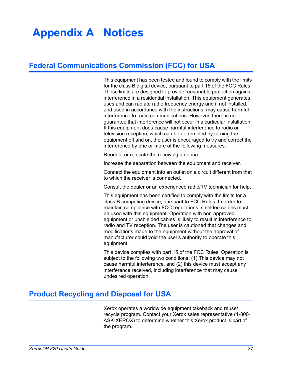 Appendix a notices, Federal communications commission (fcc) for usa, Product recycling and disposal for usa | Xerox DP 820 User Manual | Page 42 / 44