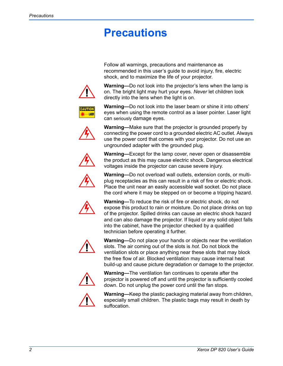 Precautions | Xerox DP 820 User Manual | Page 7 / 44