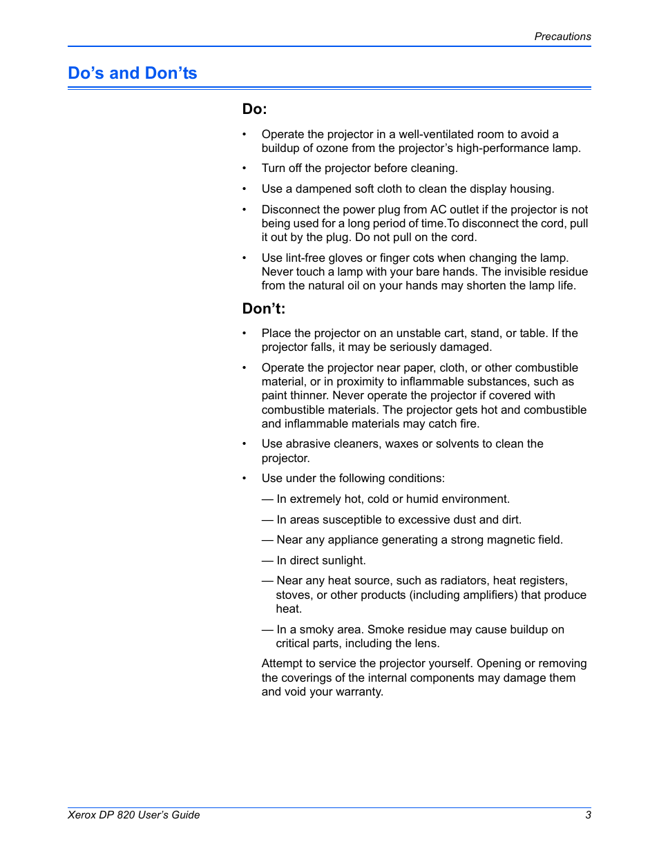 Do’s and don’ts, Don’t | Xerox DP 820 User Manual | Page 8 / 44