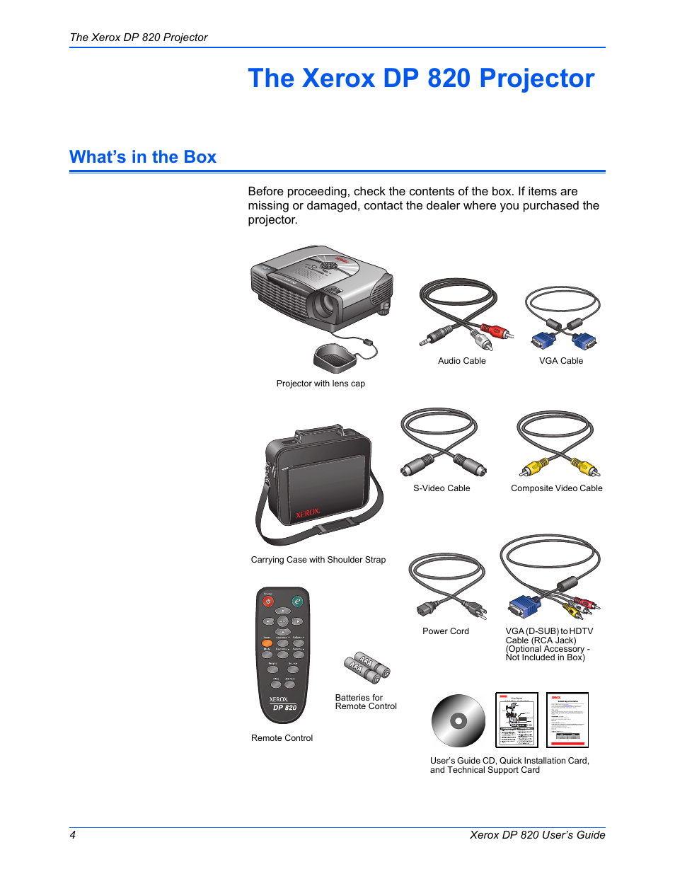 The xerox dp 820 projector, What’s in the box | Xerox DP 820 User Manual | Page 9 / 44