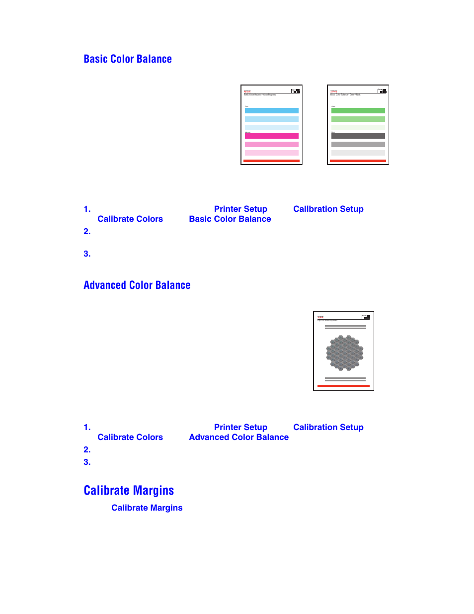 Calibrate margins, Basic color balance, Advanced color balance | Xerox Phaser Color Laser Printer 7750 User Manual | Page 9 / 12