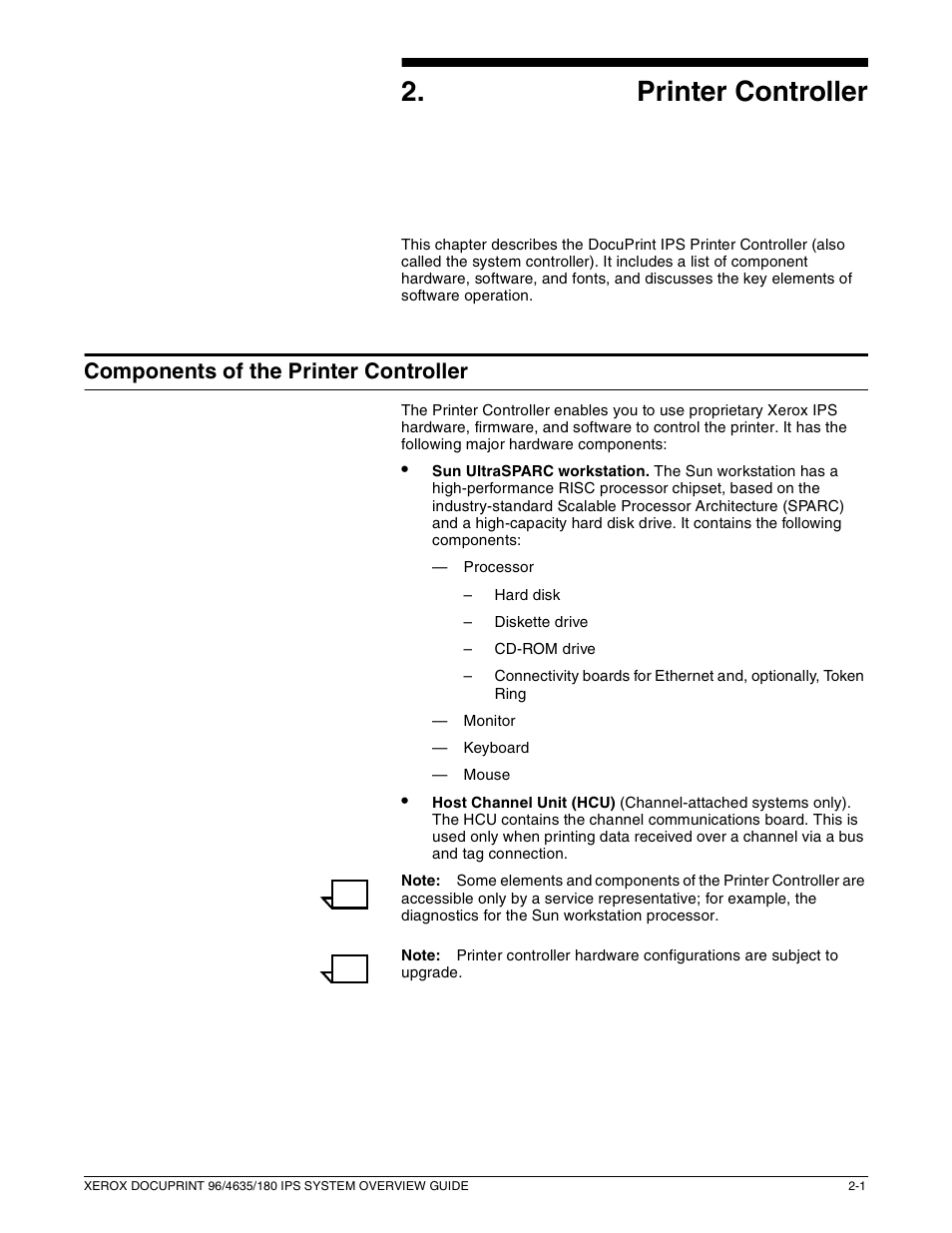 2printer controller, Components of the printer controller | Xerox 96 User Manual | Page 31 / 101