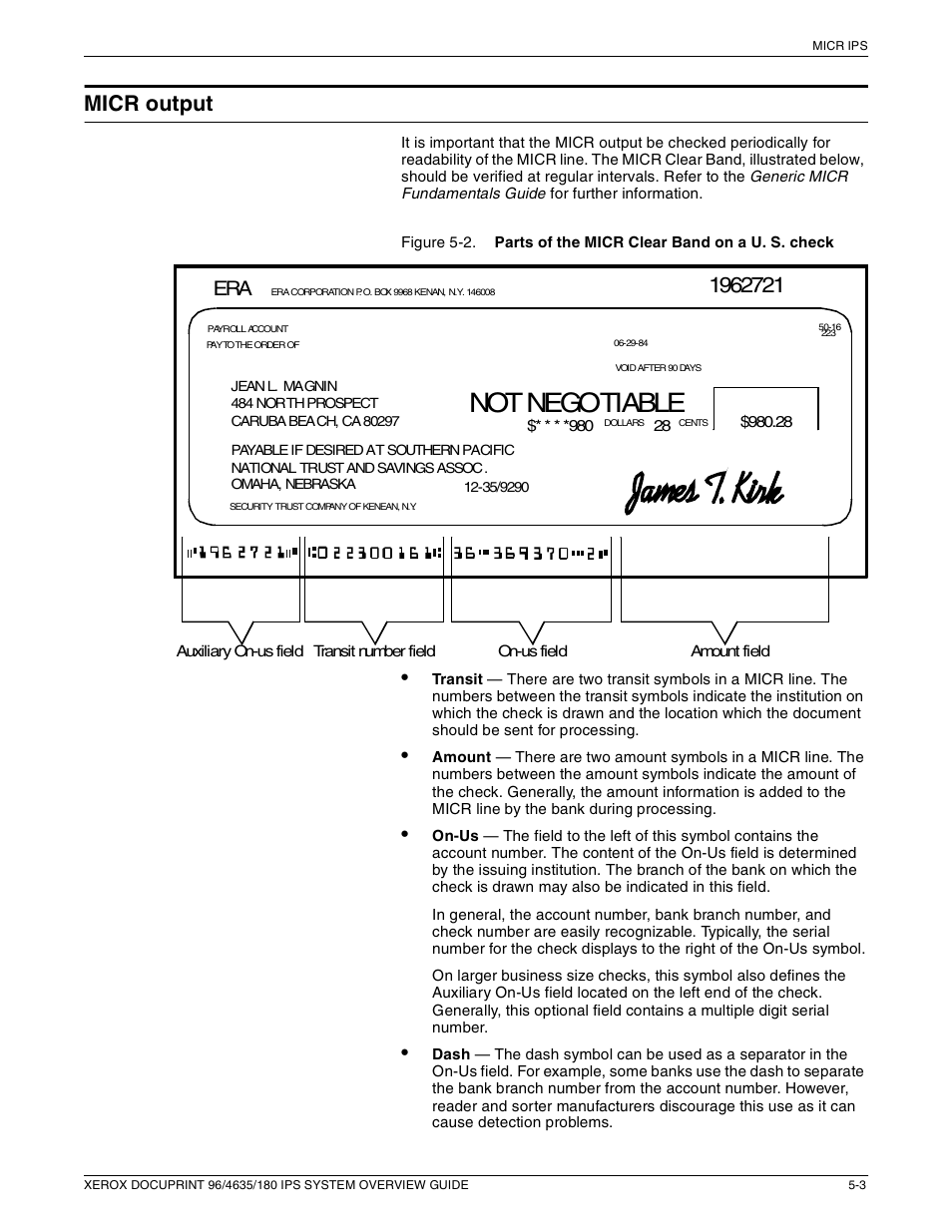 Not negotiable, Micr output | Xerox 96 User Manual | Page 63 / 101