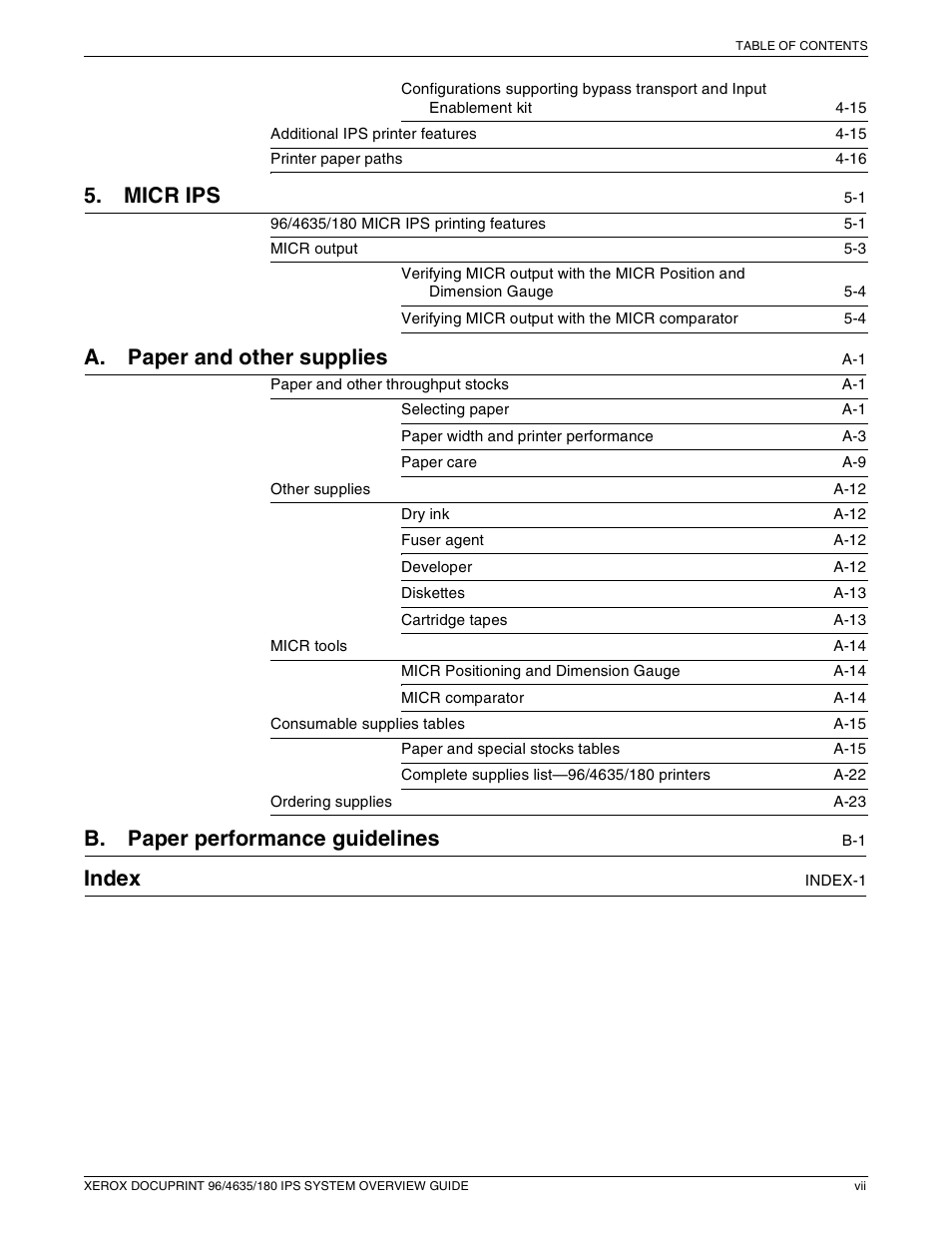 Micr ips, A. paper and other supplies, B. paper performance guidelines | Index | Xerox 96 User Manual | Page 7 / 101