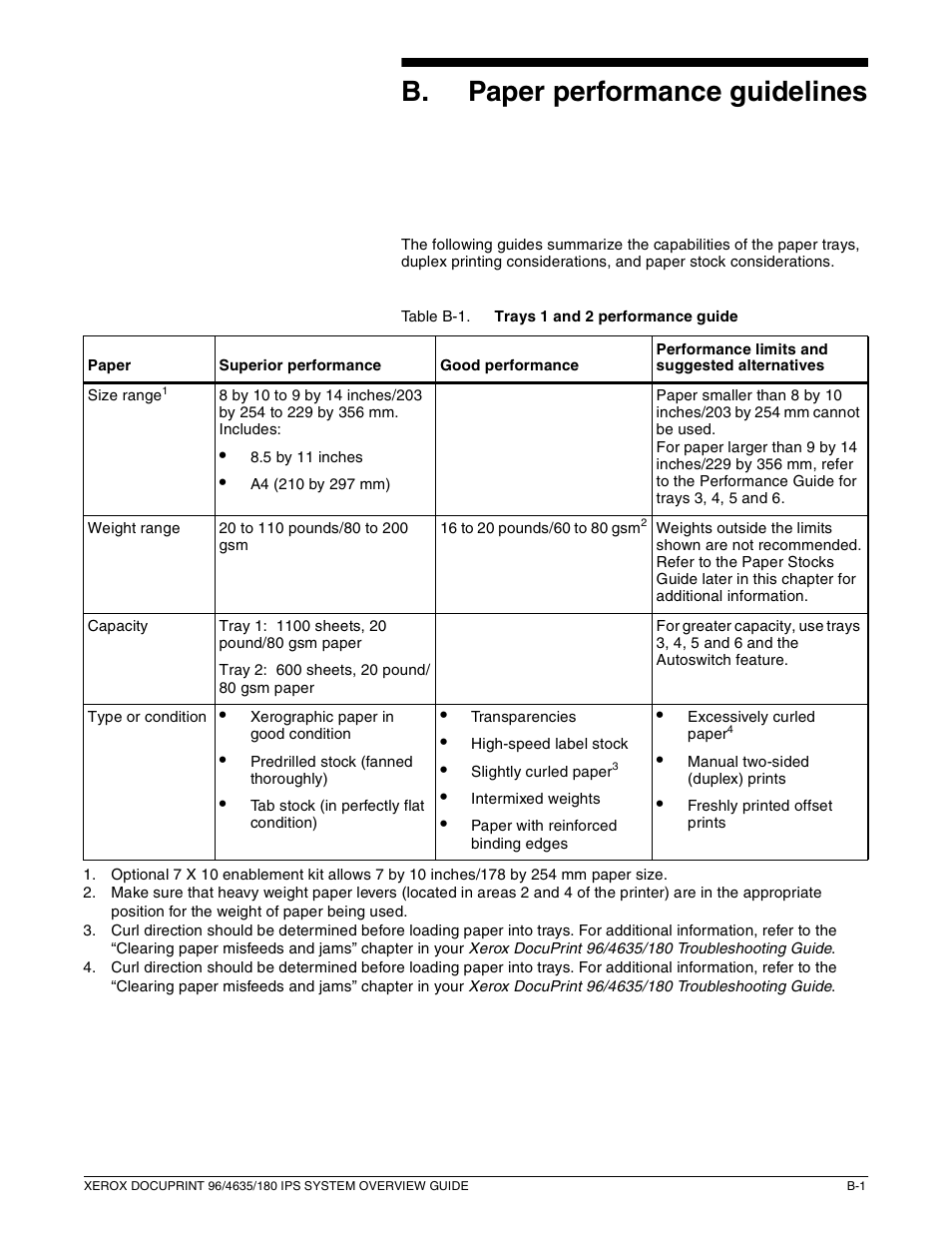 B. b paper performance guidelines | Xerox 96 User Manual | Page 91 / 101