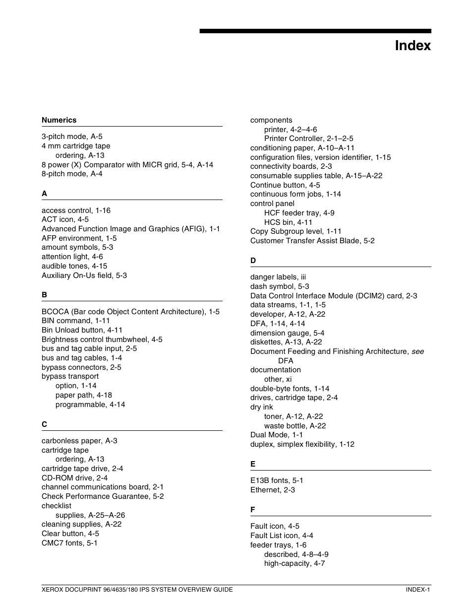 Index | Xerox 96 User Manual | Page 97 / 101