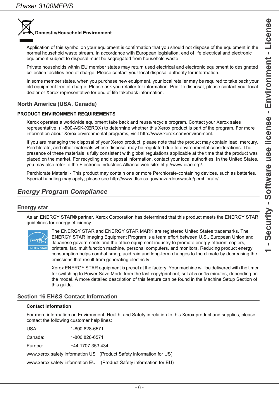 North america (usa, canada), Energy program compliance, Energy star | Section 16 eh&s contact information, Phaser 3100mfp/s | Xerox Phaser 3100MFP/S User Manual | Page 10 / 56