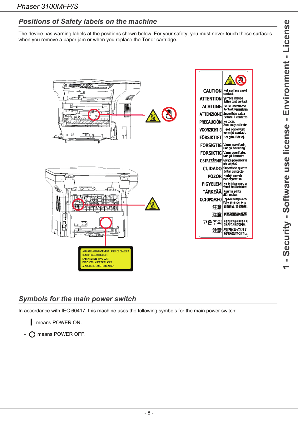 Positions of safety labels on the machine, Symbols for the main power switch | Xerox Phaser 3100MFP/S User Manual | Page 12 / 56