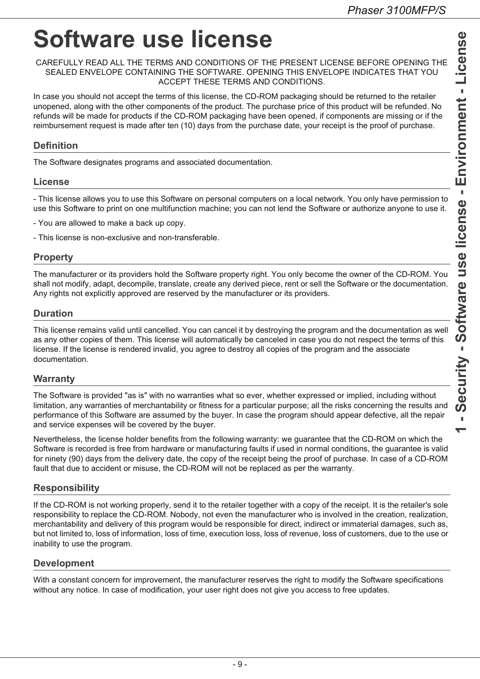 Software use license, Definition, License | Property, Duration, Warranty, Responsibility, Development | Xerox Phaser 3100MFP/S User Manual | Page 13 / 56