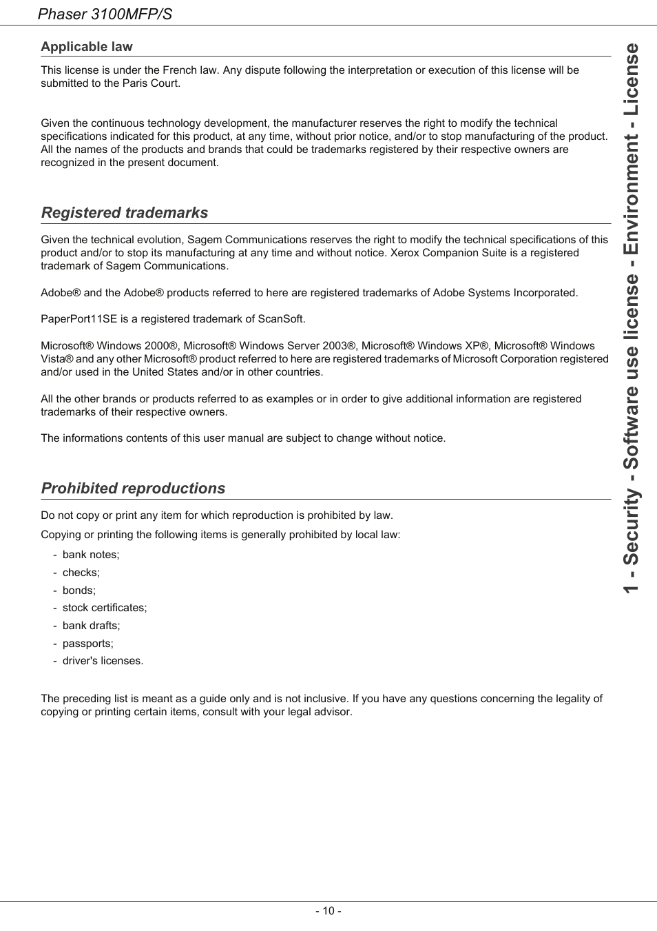 Applicable law, Registered trademarks, Prohibited reproductions | Phaser 3100mfp/s | Xerox Phaser 3100MFP/S User Manual | Page 14 / 56