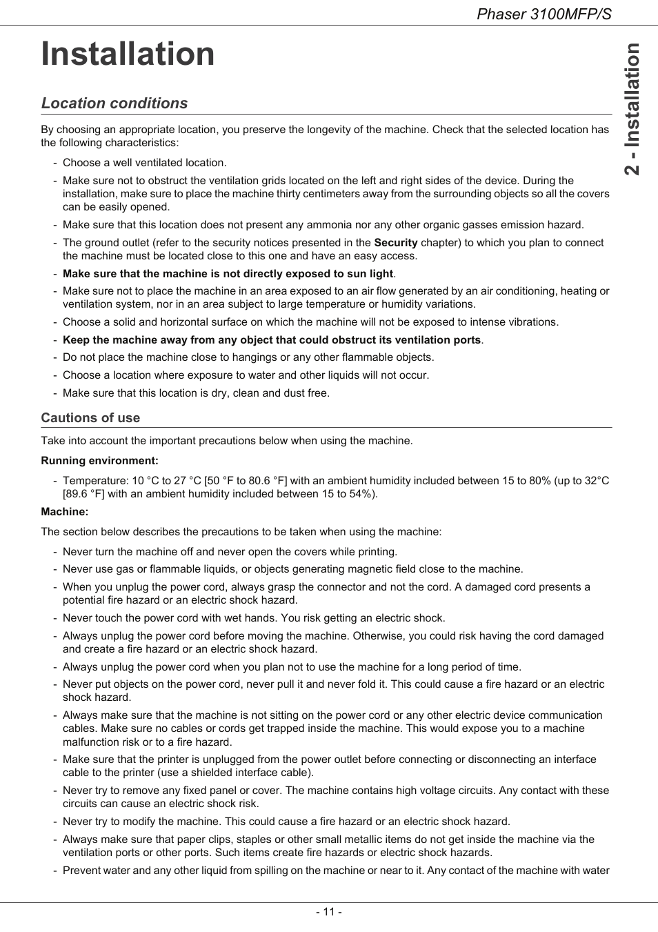 Installation, Location conditions, Cautions of use | Installation 11, 2 - installation, Phaser 3100mfp/s | Xerox Phaser 3100MFP/S User Manual | Page 15 / 56