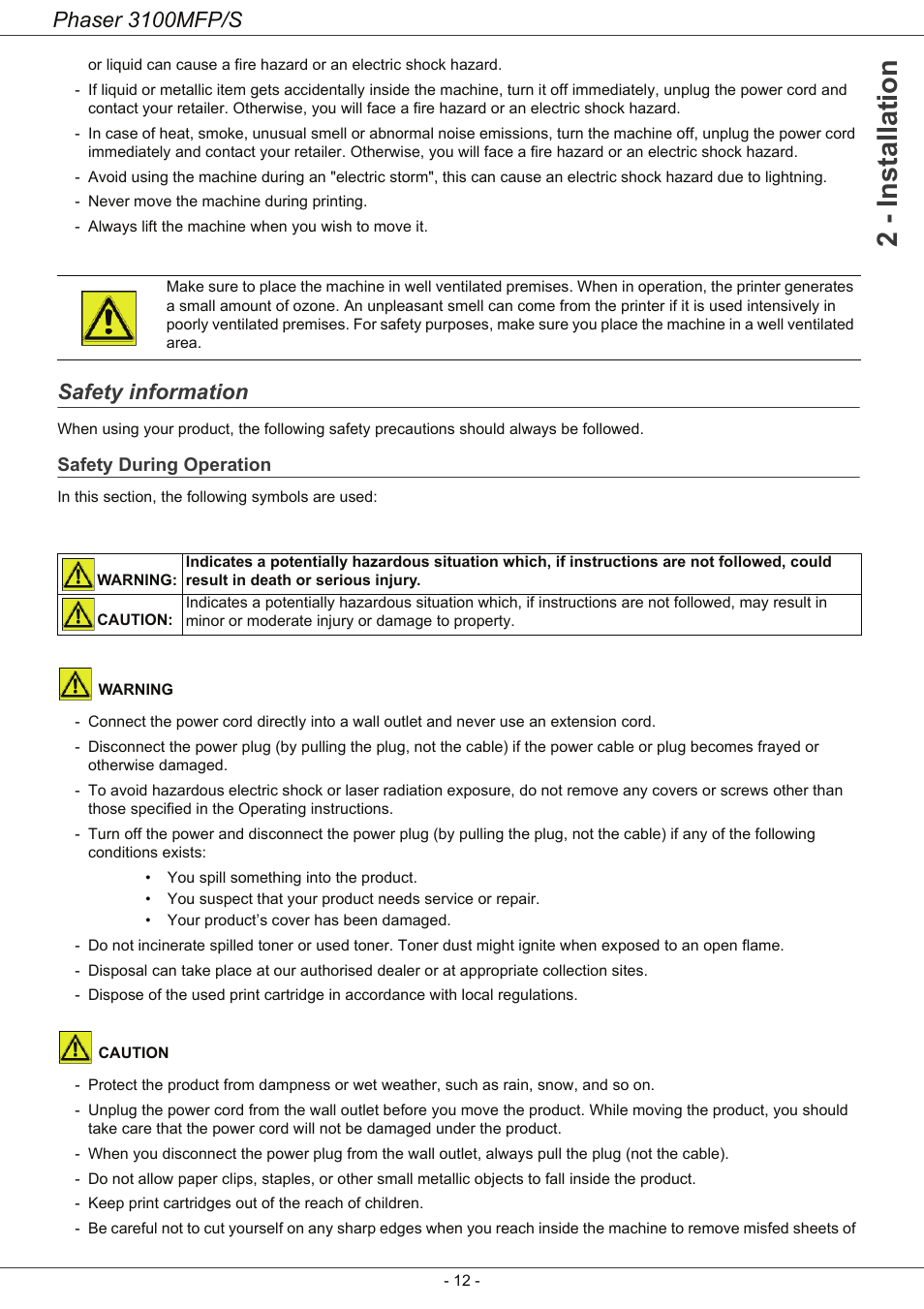 Safety information, Safety during operation, 2 - installation | Phaser 3100mfp/s | Xerox Phaser 3100MFP/S User Manual | Page 16 / 56