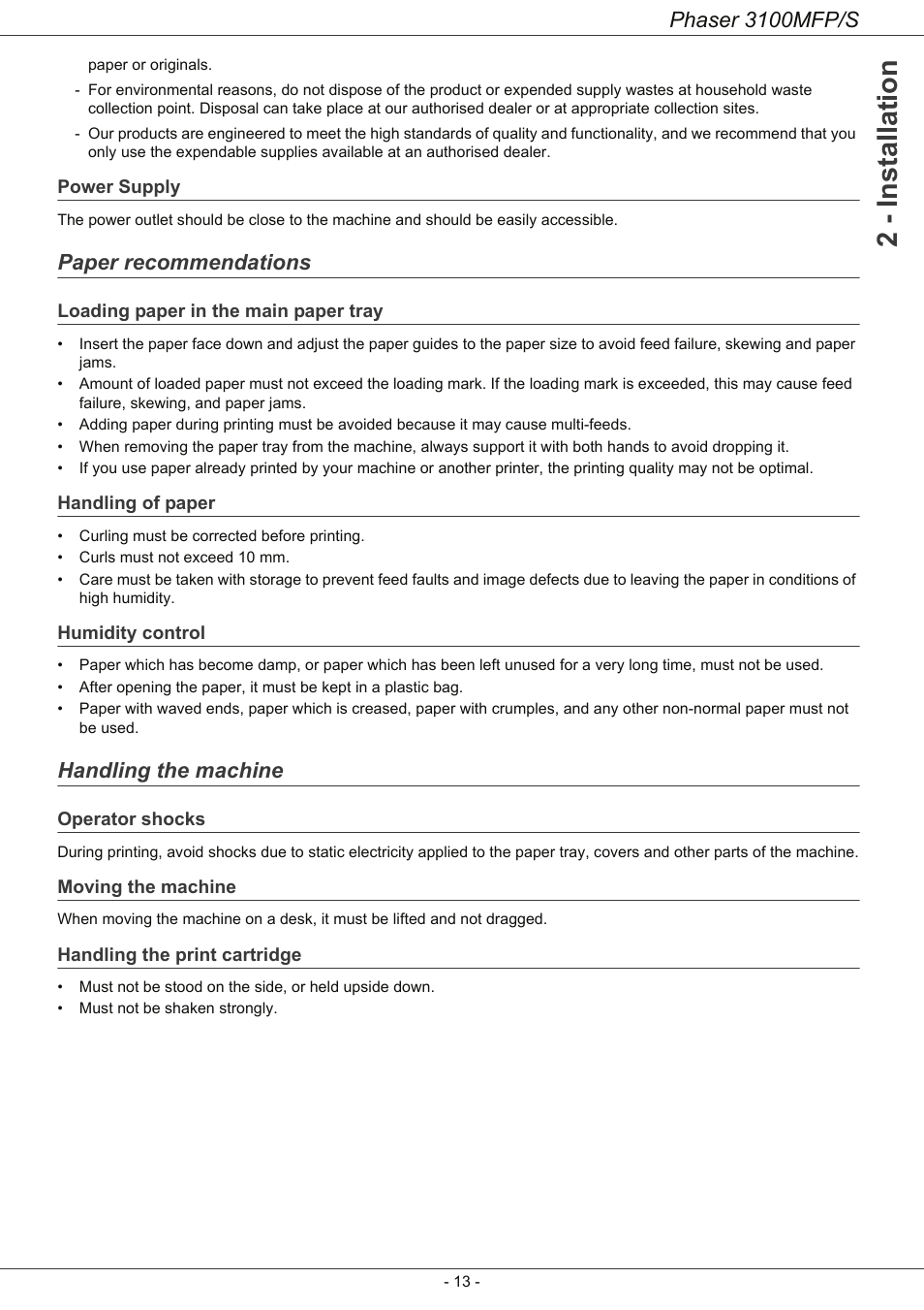 Power supply, Paper recommendations, Loading paper in the main paper tray | Handling of paper, Humidity control, Handling the machine, Operator shocks, Moving the machine, Handling the print cartridge, 2 - installation | Xerox Phaser 3100MFP/S User Manual | Page 17 / 56