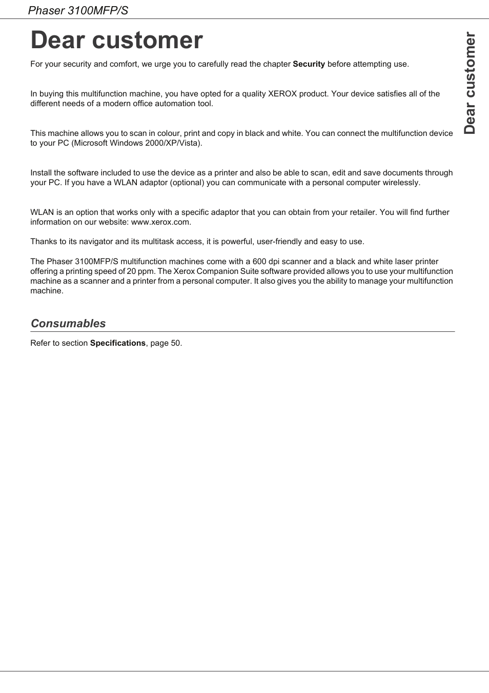 Dear customer, Consumables | Xerox Phaser 3100MFP/S User Manual | Page 2 / 56