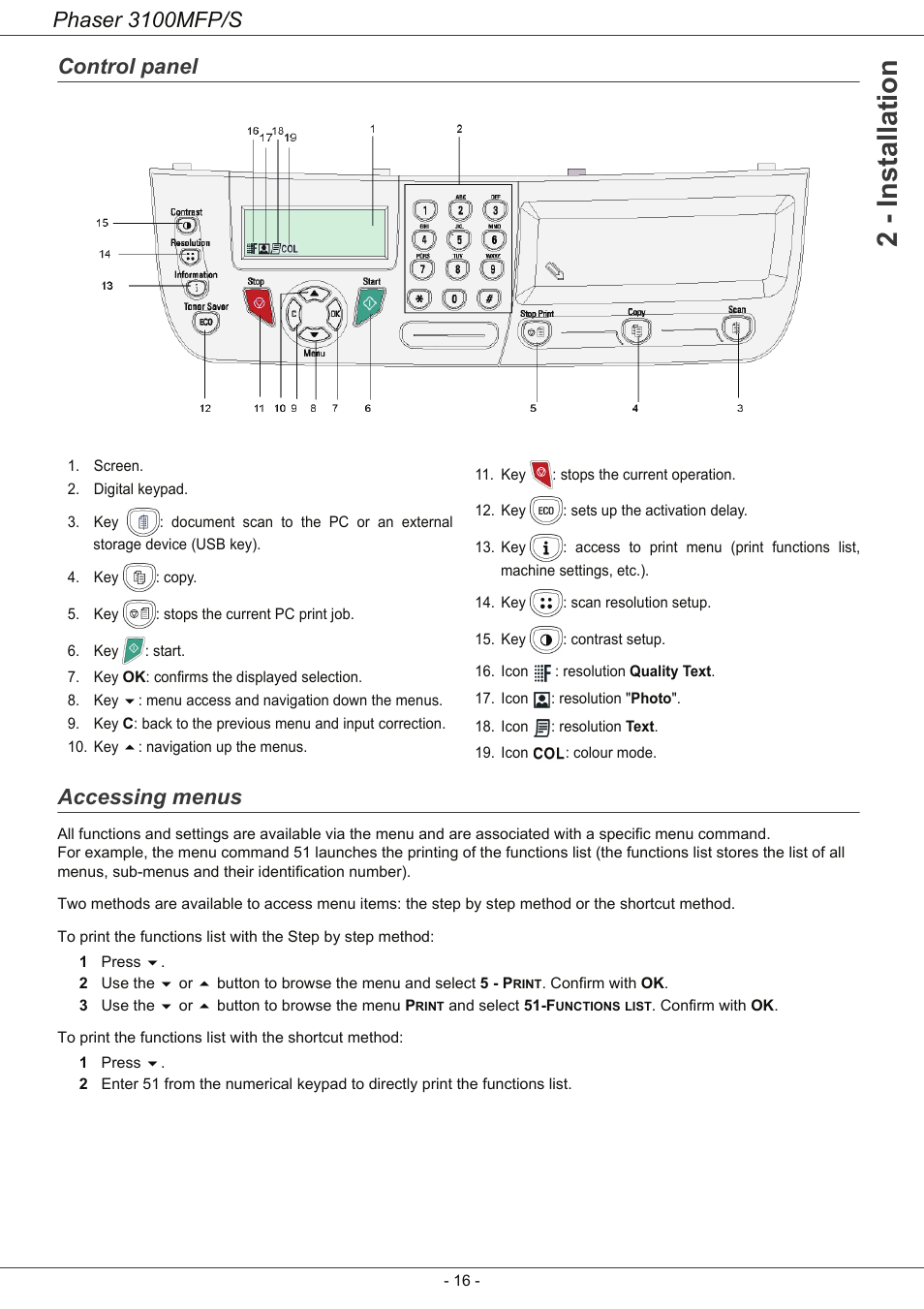 Control panel, Accessing menus, 2 - installation | Phaser 3100mfp/s, Control panel accessing menus | Xerox Phaser 3100MFP/S User Manual | Page 20 / 56